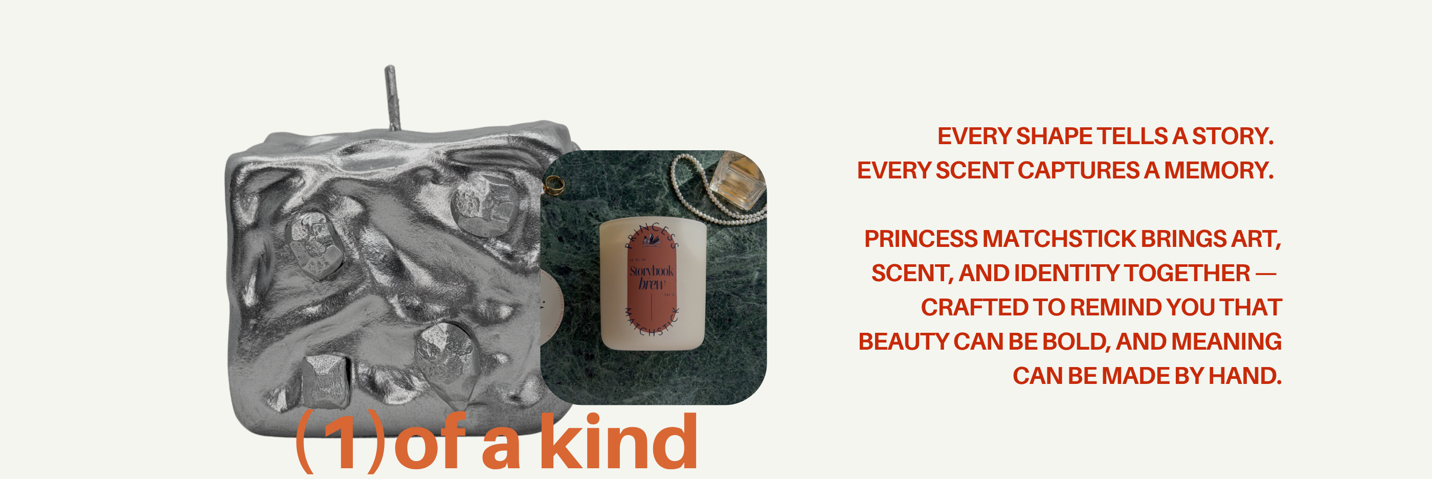 Candle with decorative packaging and text about art, scent, and identity.